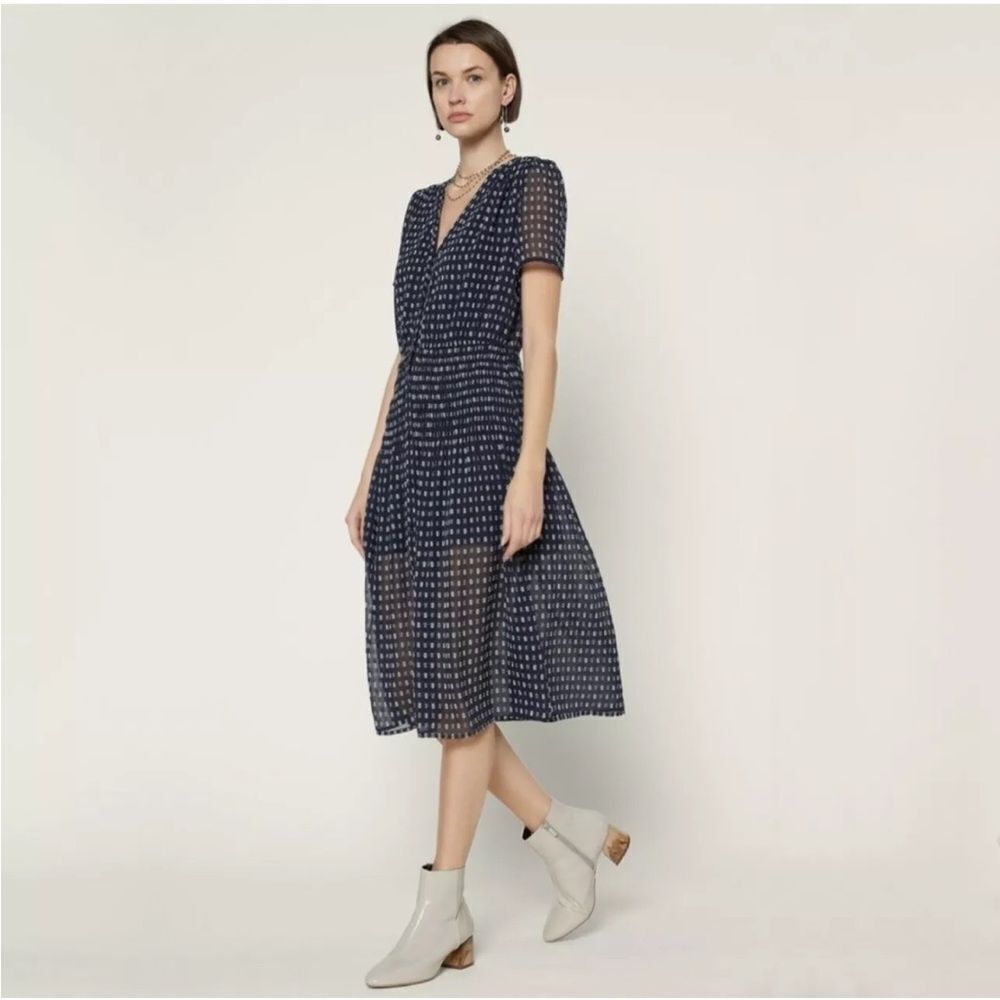 Anthropologie Navy Printed Midi Dress with V‑Neck